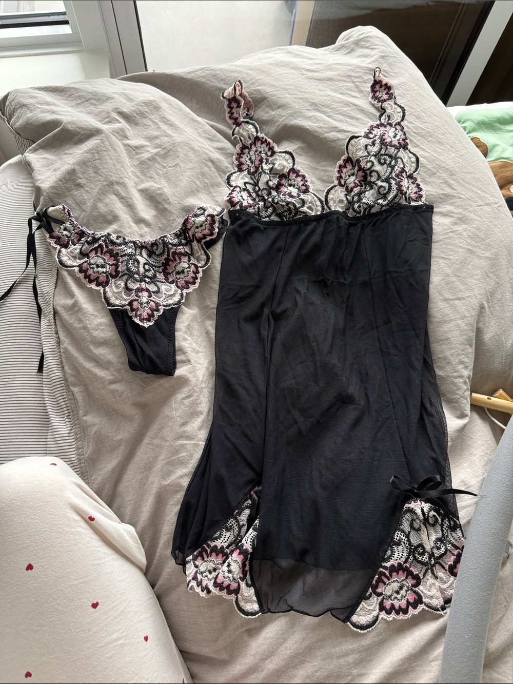 Intimisimmi Black Floral Lace Chemise & Thong Set